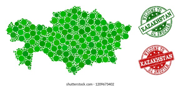 Welcome composition of map of Kazakhstan and scratched seals. Vector greeting seals with grunge rubber texture in green and red colors. Greeting flat design for guest appreciation templates.