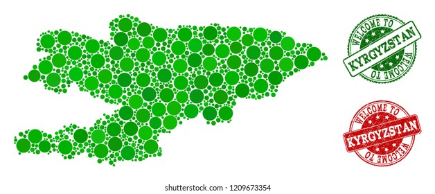 Welcome composition of map of Kyrgyzstan and corroded seals. Vector greeting seals with corroded rubber texture in green and red colors. Welcome flat design for patriotic posters.