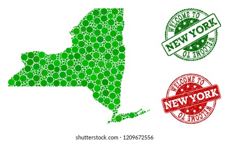 Welcome composition of map of New York State and scratched stamps. Vector greeting imprints with scratched rubber texture in green and red colors. Welcome flat design for political purposes.
