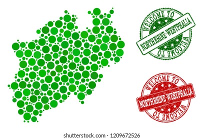 Welcome composition of map of North Rhine-Westphalia State and grunge seals. Vector greeting seals with grunge rubber texture in green and red colors.