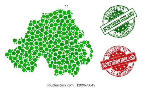 Welcome composition of map of Northern Ireland and rubber seal stamps. Vector greeting watermarks with retro rubber texture in green and red colors.