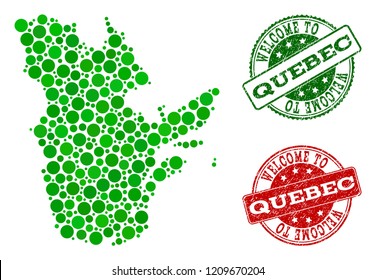 Welcome composition of map of Quebec Province and corroded seal stamps. Vector greeting watermarks with corroded rubber texture in green and red colors.