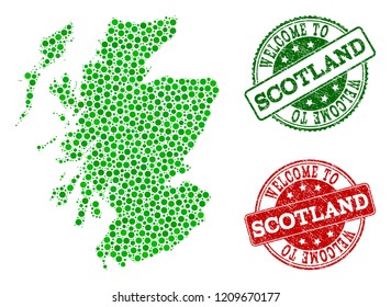 Welcome composition of map of Scotland and grunge seals. Vector greeting seals with grunge rubber texture in green and red colors. Welcome flat design for patriotic purposes.