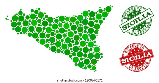 Welcome composition of map of Sicilia Island and textured seals. Vector greeting seals with corroded rubber texture in green and red colors. Welcome flat design for guest appreciation posters.