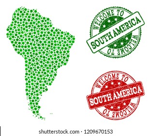 Welcome composition of map of South America and scratched stamps. Vector greeting seals with scratched rubber texture in green and red colors. Welcome flat design for guest appreciation illustrations.