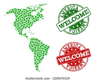 Welcome composition of map of South and North America and dirty seals. Vector greeting seals with corroded rubber texture in green and red colors. Greeting flat design for political purposes.