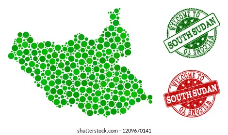 Welcome composition of map of South Sudan and rubber seals. Vector greeting seals with corroded rubber texture in green and red colors. Welcome flat design for political illustrations.