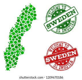 Welcome composition of map of Sweden and corroded seals. Vector greeting seals with corroded rubber texture in green and red colors. Welcome flat design for tourist greetings purposes.