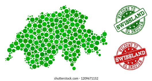 Welcome composition of map of Swissland and rubber seals. Vector greeting imprints with corroded rubber texture in green and red colors. Welcome flat design for tourist greetings templates.