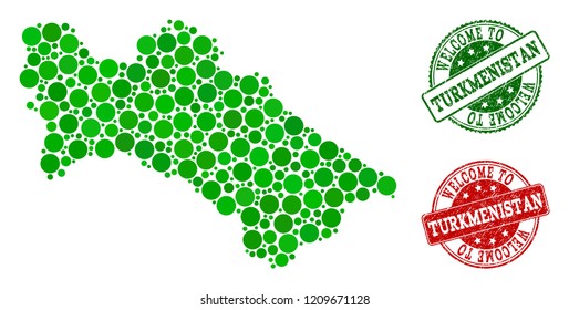 Welcome composition of map of Turkmenistan and corroded seals. Vector greeting watermarks with corroded rubber texture in green and red colors. Welcome flat design for tourist greetings posters.