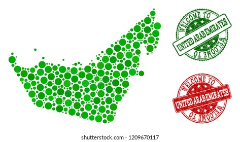 Welcome composition of map of United Arab Emirates and rubber seals. Vector greeting seals with corroded rubber texture in green and red colors.