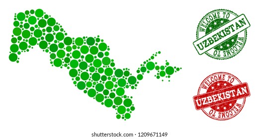 Welcome composition of map of Uzbekistan and rubber stamps. Vector greeting imprints with scratched rubber texture in green and red colors. Greeting flat design for guest appreciation posters.