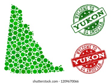 Welcome composition of map of Yukon Province and rubber seals. Vector greeting seals with grunge rubber texture in green and red colors. Greeting flat design for patriotic templates.
