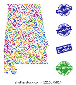 Welcome composition of mosaic map of Alabama State and grunge seal stamps. Vector greeting seals with grunge rubber texture. Welcome flat design for tourist greetings illustrations.
