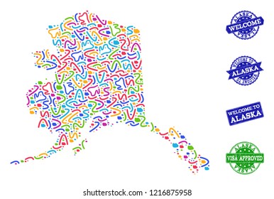 Welcome composition of mosaic map of Alaska State and rubber seal stamps. Vector greeting imprints with scratched rubber texture. Welcome flat design for political purposes.