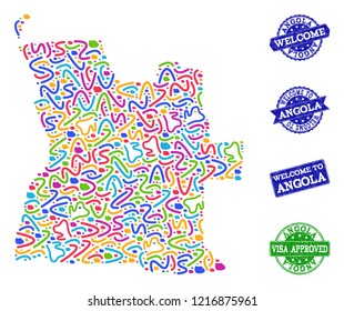 Welcome composition of mosaic map of Angola and rubber seals. Vector greeting watermarks with distress rubber texture. Welcome flat design for tourist greetings posters.