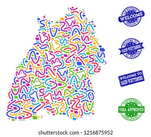 Welcome composition of mosaic map of Baden-Wurttemberg State and corroded seals. Vector greeting watermarks with corroded rubber texture. Welcome flat design for guest appreciation illustrations.
