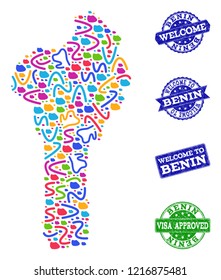 Welcome composition of mosaic map of Benin and rubber seal stamps. Vector greeting watermarks with corroded rubber texture. Welcome flat design for tourist greetings purposes.