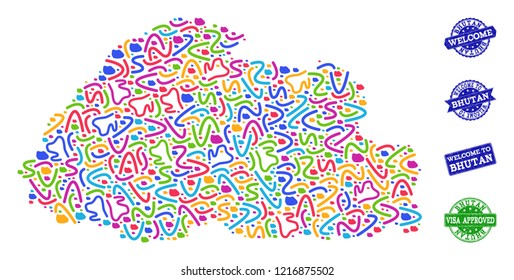 Welcome composition of mosaic map of Bhutan and rubber stamps. Vector greeting watermarks with scratched rubber texture. Welcome flat design for political templates.