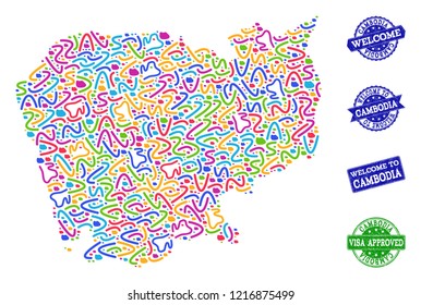 Welcome composition of mosaic map of Cambodia and unclean seals. Vector greeting imprints with unclean rubber texture. Welcome flat design for political purposes.