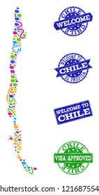 Welcome composition of mosaic map of Chile and rubber seals. Vector greeting seals with corroded rubber texture. Welcome flat design for tourist greetings purposes.
