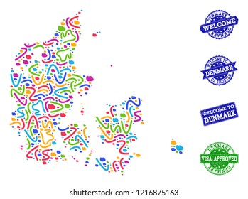 Welcome composition of mosaic map of Denmark and rubber seals. Vector greeting seals with corroded rubber texture. Welcome flat design for political templates.