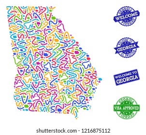 Welcome composition of mosaic map of Georgia State and grunge seals. Vector greeting seals with grunge rubber texture. Welcome flat design for political illustrations.