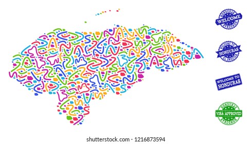 Welcome composition of mosaic map of Honduras and scratched seals. Vector greeting watermarks with scratched rubber texture. Welcome flat design for patriotic templates.