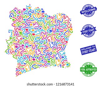 Welcome composition of mosaic map of Ivory Coast and unclean seal stamps. Vector greeting seals with unclean rubber texture. Welcome flat design for guest appreciation templates.