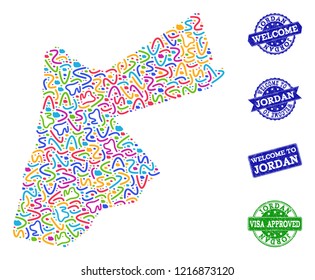 Welcome composition of mosaic map of Jordan and rubber seal stamps. Vector greeting imprints with unclean rubber texture. Welcome flat design for guest appreciation illustrations.