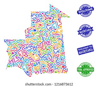 Welcome composition of mosaic map of Mauritania and unclean seal stamps. Vector greeting seals with unclean rubber texture. Welcome flat design for guest appreciation purposes.