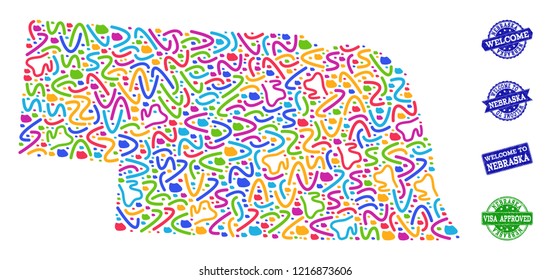 Welcome composition of mosaic map of Nebraska State and grunge seals. Vector greeting seals with unclean rubber texture. Welcome flat design for patriotic illustrations.