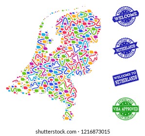 Welcome composition of mosaic map of Netherlands and corroded seals. Vector greeting seals with corroded rubber texture. Welcome flat design for political illustrations.