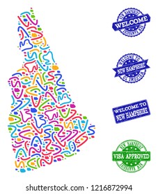 Welcome composition of mosaic map of New Hampshire State and rubber seals. Vector greeting watermarks with unclean rubber texture. Welcome flat design for patriotic purposes.