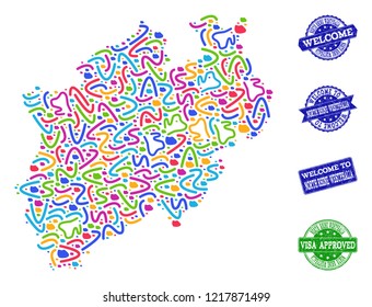 Welcome composition of mosaic map of North Rhine-Westphalia State and grunge seal stamps. Vector greeting imprints with grunge rubber texture. Welcome flat design for guest appreciation templates.