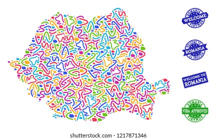 Welcome composition of mosaic map of Romania and rubber seals. Vector greeting imprints with unclean rubber texture. Welcome flat design for tourist greetings illustrations.