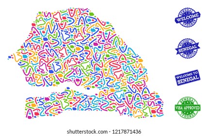 Welcome composition of mosaic map of Senegal and corroded seals. Vector greeting seals with corroded rubber texture. Welcome flat design for guest appreciation templates.