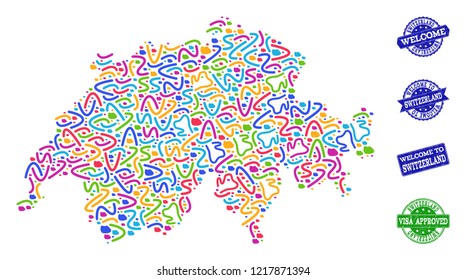 Welcome composition of mosaic map of Switzerland and unclean seal stamps. Vector greeting watermarks with unclean rubber texture. Welcome flat design for patriotic posters.