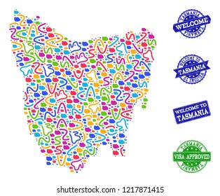 Welcome composition of mosaic map of Tasmania Island and rubber seals. Vector greeting seals with distress rubber texture. Welcome flat design for tourist greetings illustrations.