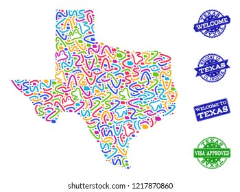 Welcome composition of mosaic map of Texas State and rubber stamps. Vector greeting imprints with distress rubber texture. Welcome flat design for guest appreciation posters.