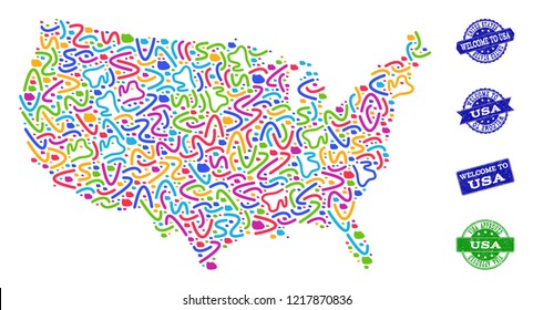 Welcome composition of mosaic map of USA and rubber seals. Vector greeting imprints with distress rubber texture. Welcome flat design for tourist greetings templates.