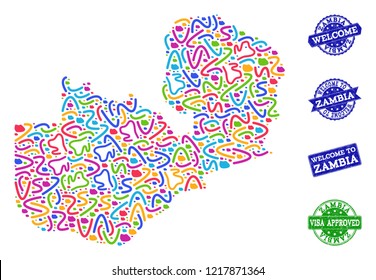 Welcome composition of mosaic map of Zambia and rubber stamps. Vector greeting seals with scratched rubber texture. Welcome flat design for political illustrations.