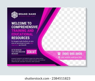 welcome to comprehensive training and educational resources Flyer and Poster Cover Template. Abstract Modern Design in horizontal layout, Business brochure with photo space. purple vector Illustration