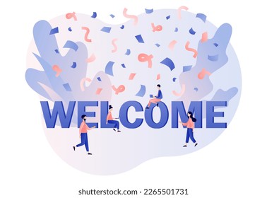 Welcome concept. Event, celebrate, meeting, greeting. Friendly team happy to new team member. Modern flat cartoon style. Vector illustration on white background
