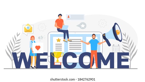 Welcome concept flat vector foe website. Happy tiny people are near huge text. Cartoon office teamwork and are greeting clients in online office, shop, co-working.