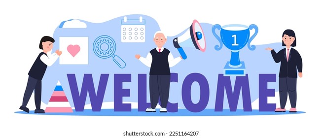 Sitio web de bienvenida para enemigos de vector plano. Trabajos en equipo de la oficina de caricaturas y saludos a los clientes en la oficina en línea, tienda, trabajo en equipo. Las pequeñas personas felices están cerca de un enorme texto. 