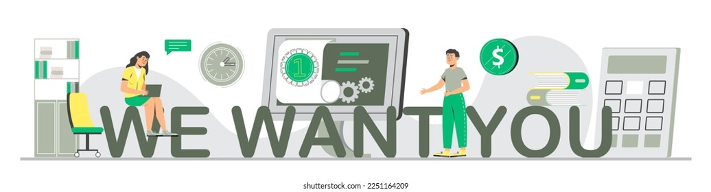 Welcome concept flat vector foe website. Happy tiny people are near huge text. Cartoon office teamwork and are greeting clients in online office, shop, co-working.