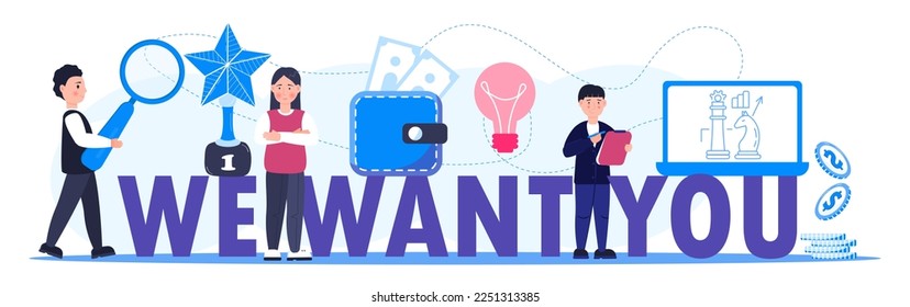 Welcome concept flat vector foe website. Happy tiny people are near huge text. Cartoon office teamwork and are greeting clients in online office, shop, co-working.