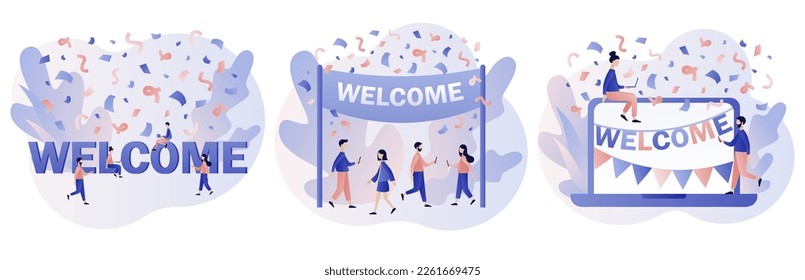 El concepto de bienvenida. Equipo cordial feliz con los nuevos miembros del equipo. Evento, celebración, reunión, saludo. Estilo moderno de dibujos animados planos. Ilustración del vector sobre fondo blanco
