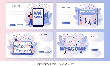 Welcome concept. Friendly team happy to new team member. Event, celebrate, meeting, greeting. Screen template for landing page, template, ui, web, mobile app, poster, banner, flyer. Vector 